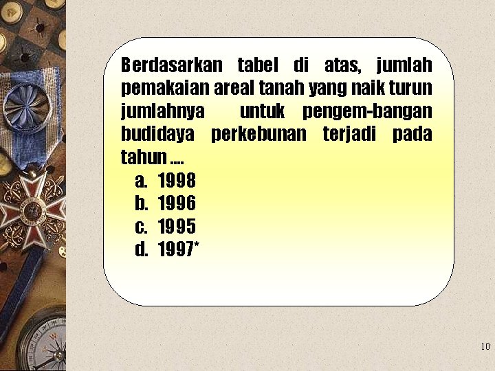 Berdasarkan tabel di atas, jumlah pemakaian areal tanah yang naik turun jumlahnya untuk pengem-bangan