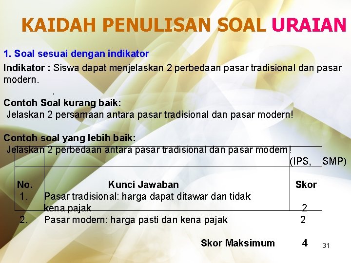 KAIDAH PENULISAN SOAL URAIAN 1. Soal sesuai dengan indikator Indikator : Siswa dapat menjelaskan