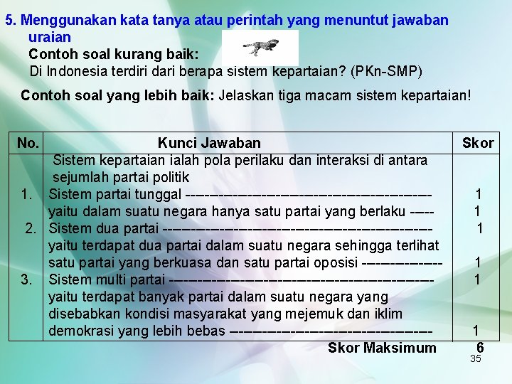 5. Menggunakan kata tanya atau perintah yang menuntut jawaban uraian Contoh soal kurang baik: