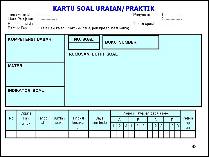 KARTU SOAL URAIAN/PRAKTIK Jenis Sekolah Mata Pelajaran Bahan Kelas/smt Bentuk Tes : ------------: Tertulis