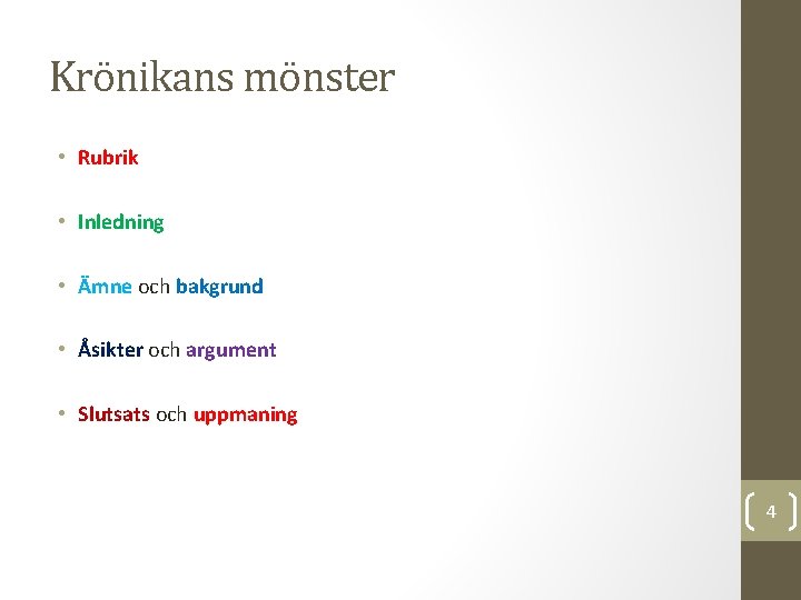 Krönikans mönster • Rubrik • Inledning • Ämne och bakgrund • Åsikter och argument Krönikans mönster • Rubrik • Inledning • Ämne och bakgrund • Åsikter och argument