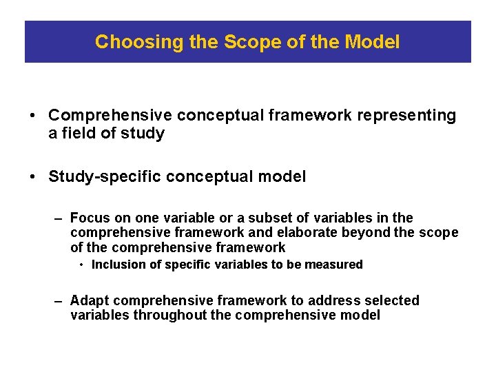 Choosing the Scope of the Model • Comprehensive conceptual framework representing a field of