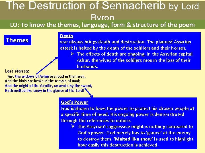 The Destruction of Sennacherib by Lord Byron LO: To know themes, language, form &