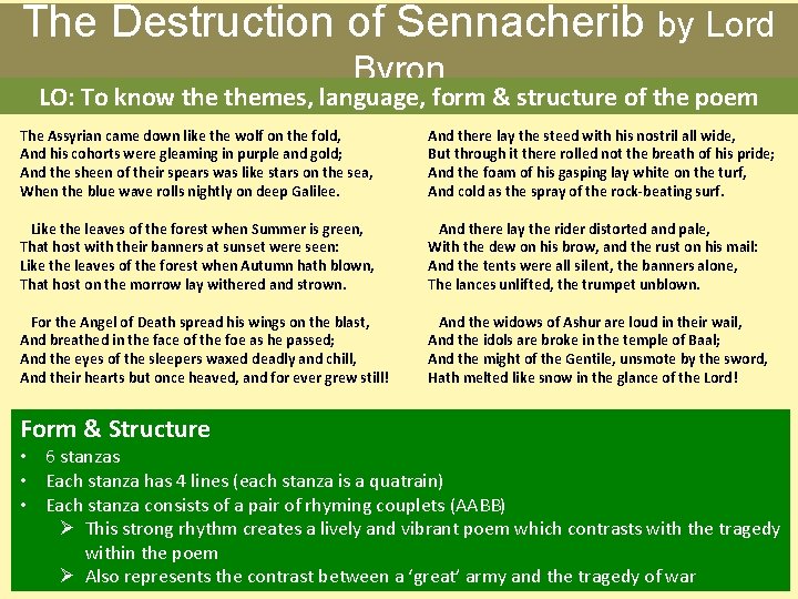 The Destruction of Sennacherib by Lord Byron LO: To know themes, language, form &