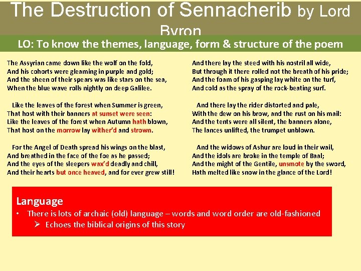 The Destruction of Sennacherib by Lord Byron LO: To know themes, language, form &