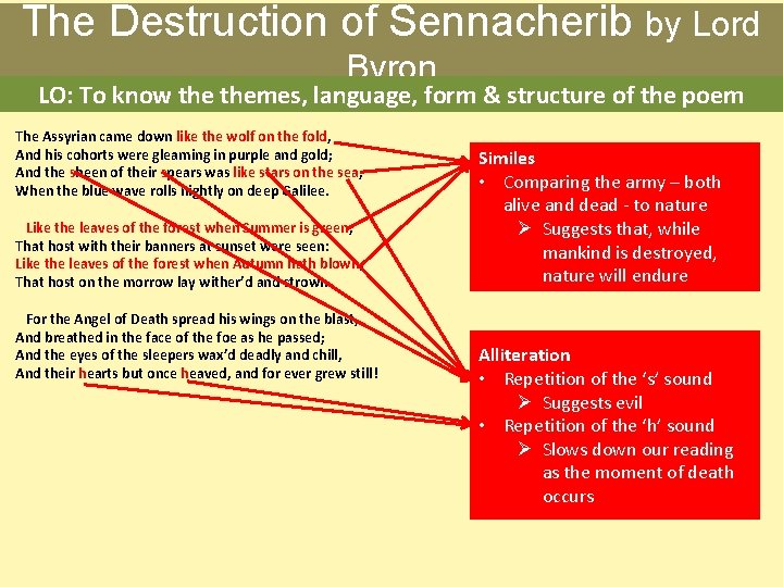 The Destruction of Sennacherib by Lord Byron LO: To know themes, language, form &