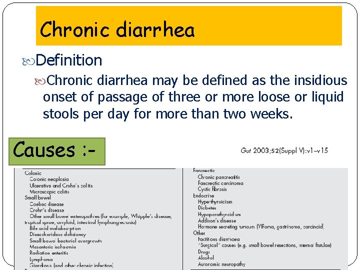 Chronic diarrhea Definition Chronic diarrhea may be defined as the insidious onset of passage