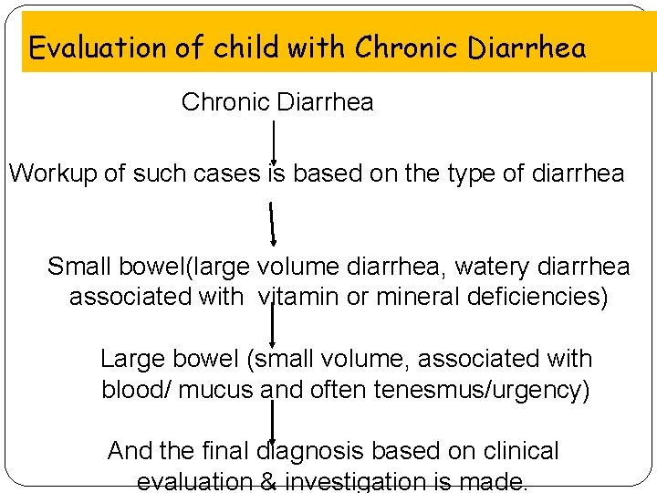Evaluation of child with Chronic Diarrhea Workup of such cases is based on the