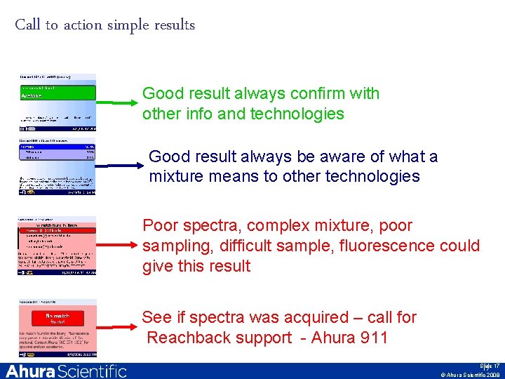 Call to action simple results Good result always confirm with other info and technologies