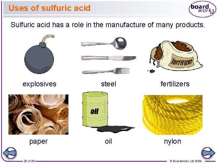 Uses of sulfuric acid Sulfuric acid has a role in the manufacture of many