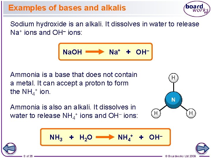 Examples of bases and alkalis Sodium hydroxide is an alkali. It dissolves in water