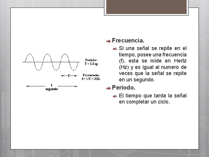  Frecuencia. Si una señal se repite en el tiempo, posee una frecuencia (f),