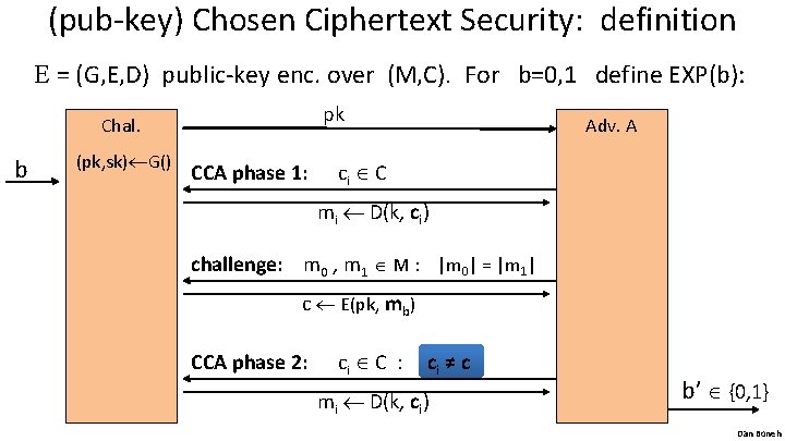 (pub-key) Chosen Ciphertext Security: definition E = (G, E, D) public-key enc. over (M,