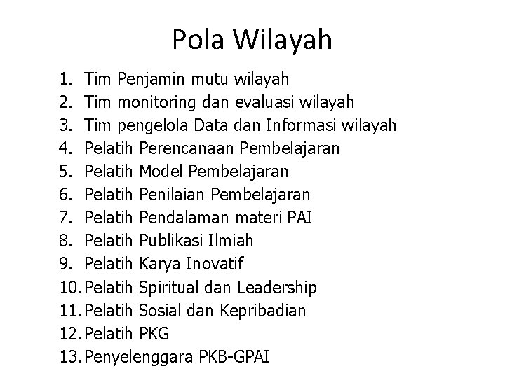 Pola Wilayah 1. Tim Penjamin mutu wilayah 2. Tim monitoring dan evaluasi wilayah 3.