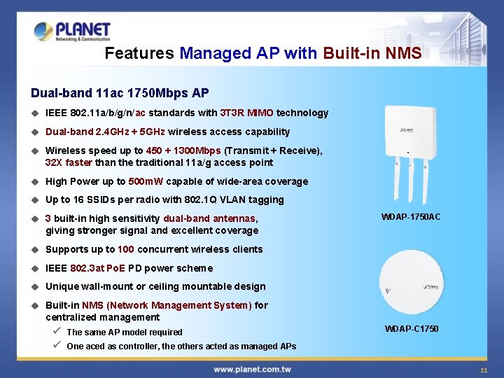 Features Managed AP with Built-in NMS Dual-band 11 ac 1750 Mbps AP u IEEE