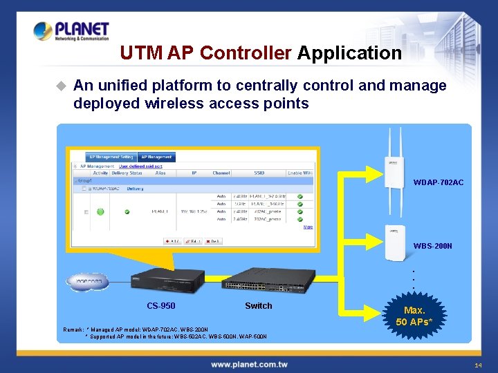 UTM AP Controller Application u An unified platform to centrally control and manage deployed