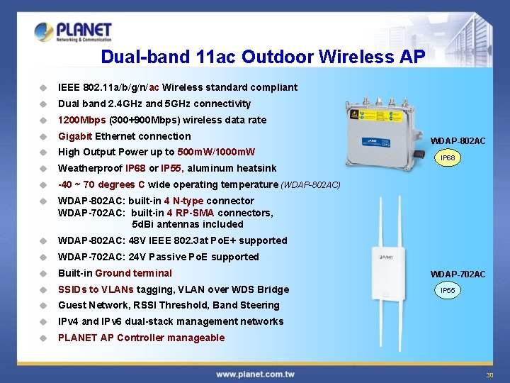 Dual-band 11 ac Outdoor Wireless AP u IEEE 802. 11 a/b/g/n/ac Wireless standard compliant