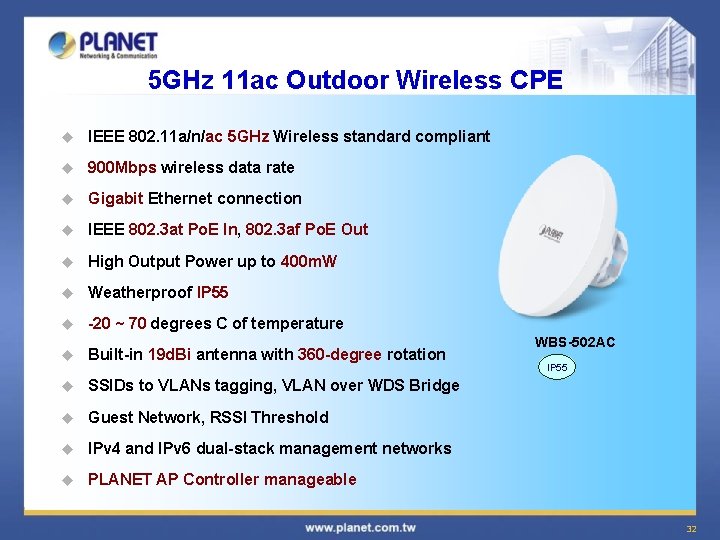 5 GHz 11 ac Outdoor Wireless CPE u IEEE 802. 11 a/n/ac 5 GHz
