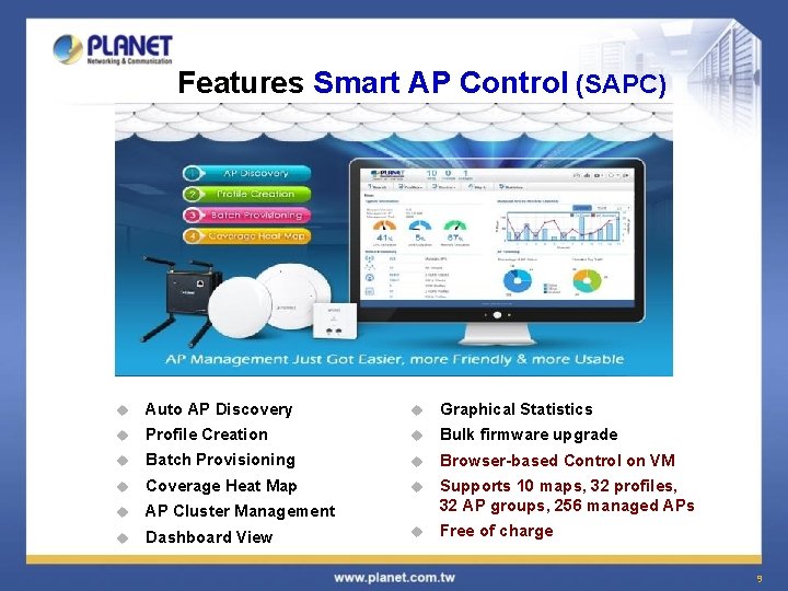 Features Smart AP Control (SAPC) u Auto AP Discovery u Graphical Statistics u Profile