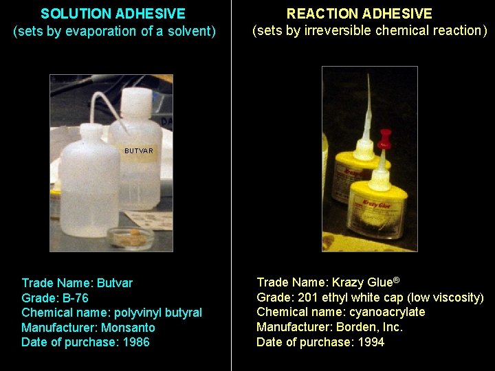 SOLUTION ADHESIVE (sets by evaporation of a solvent) REACTION ADHESIVE (sets by irreversible chemical