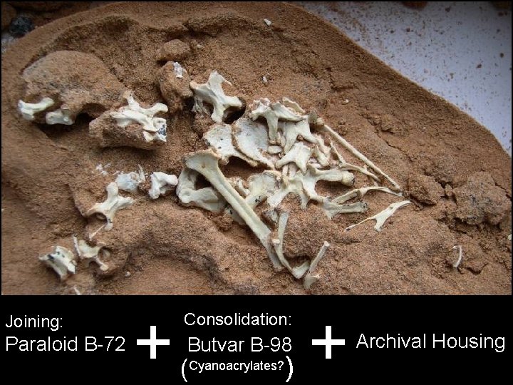 Paraloid B-72 + Consolidation: Butvar B-98 ( Cyanoacrylates? ( Joining: + Archival Housing 