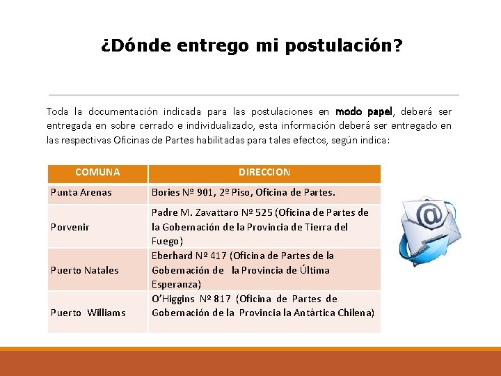  ¿Dónde entrego mi postulación? Toda la documentación indicada para las postulaciones en modo