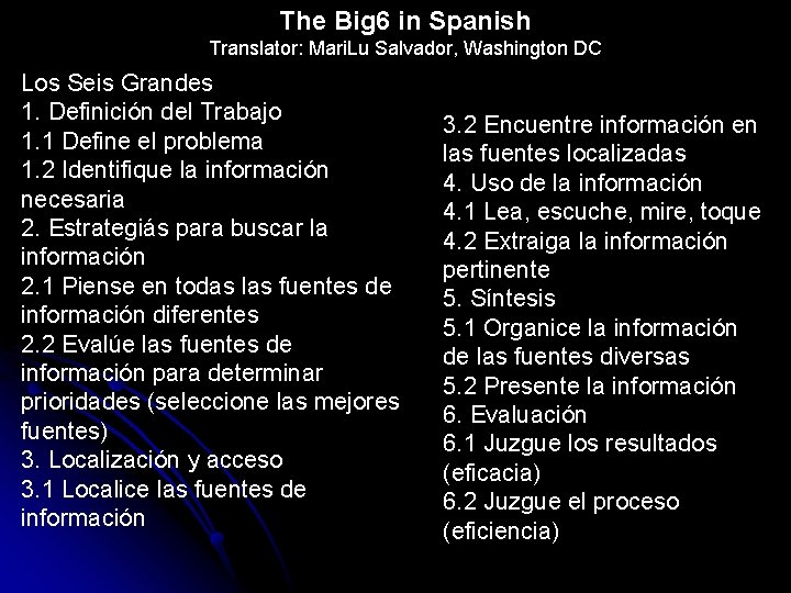 The Big 6 in Spanish Translator: Mari. Lu Salvador, Washington DC Los Seis Grandes