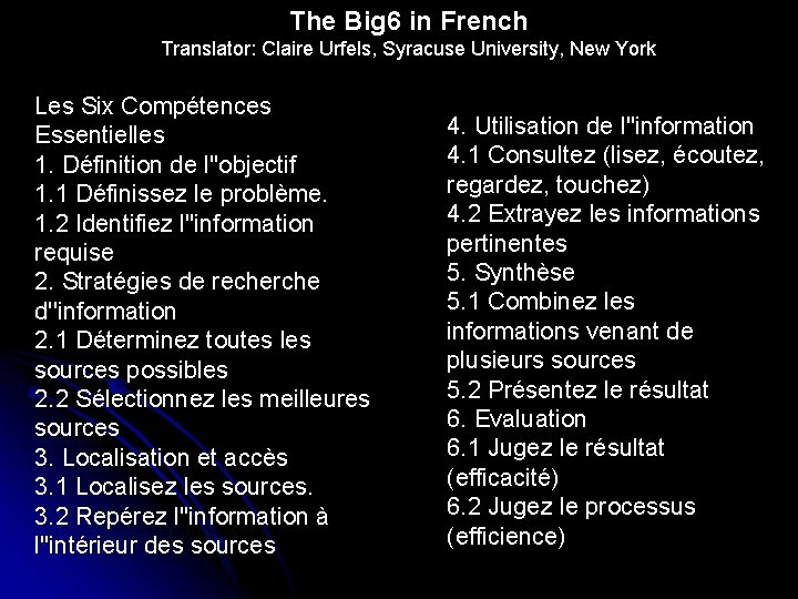 The Big 6 in French Translator: Claire Urfels, Syracuse University, New York Les Six