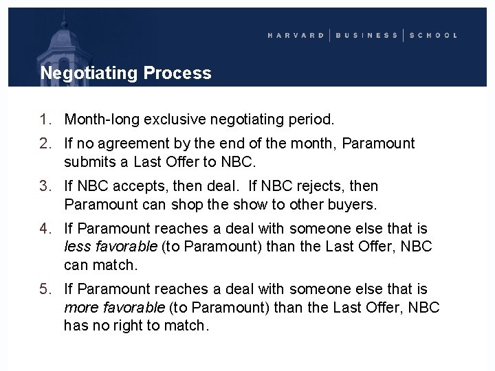 Negotiating Process 1. Month-long exclusive negotiating period. 2. If no agreement by the end