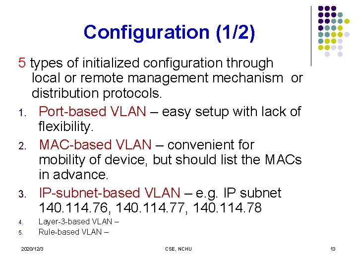Configuration (1/2) 5 types of initialized configuration through local or remote management mechanism or