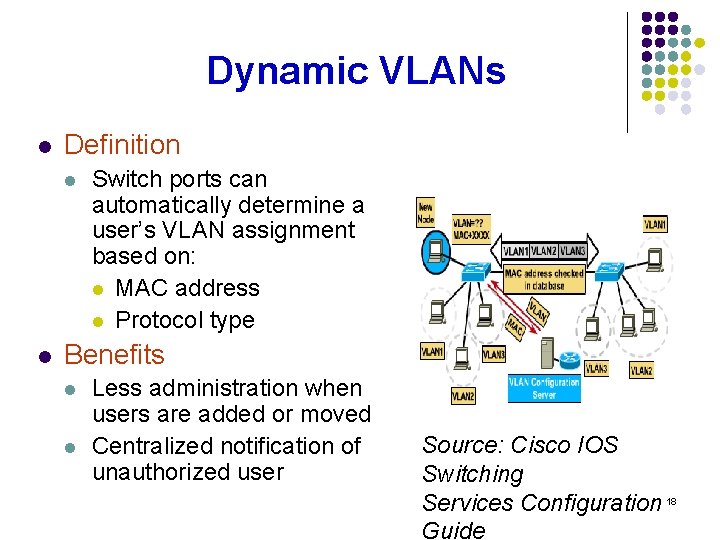 Dynamic VLANs l Definition l l Switch ports can automatically determine a user’s VLAN