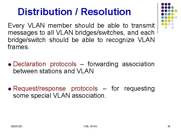 Distribution / Resolution Every VLAN member should be able to transmit messages to all