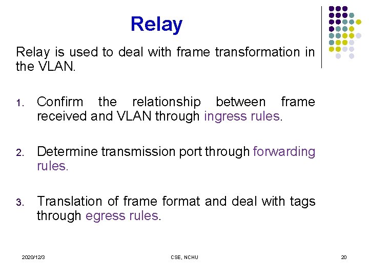 Relay is used to deal with frame transformation in the VLAN. 1. Confirm the