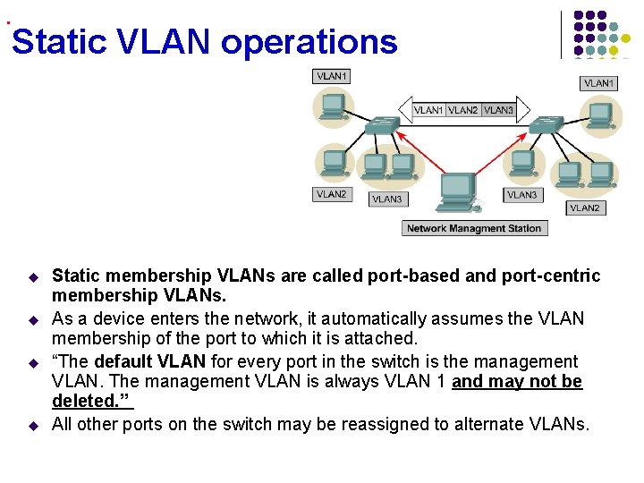 . Static VLAN operations u u Static membership VLANs are called port-based and port-centric