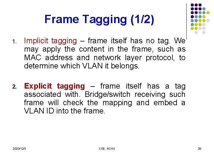 Frame Tagging (1/2) 1. Implicit tagging – frame itself has no tag. We may