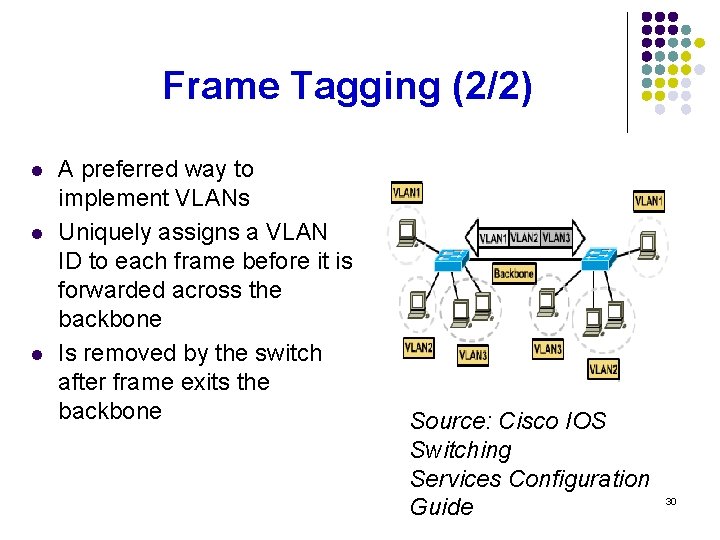 Frame Tagging (2/2) l l l A preferred way to implement VLANs Uniquely assigns