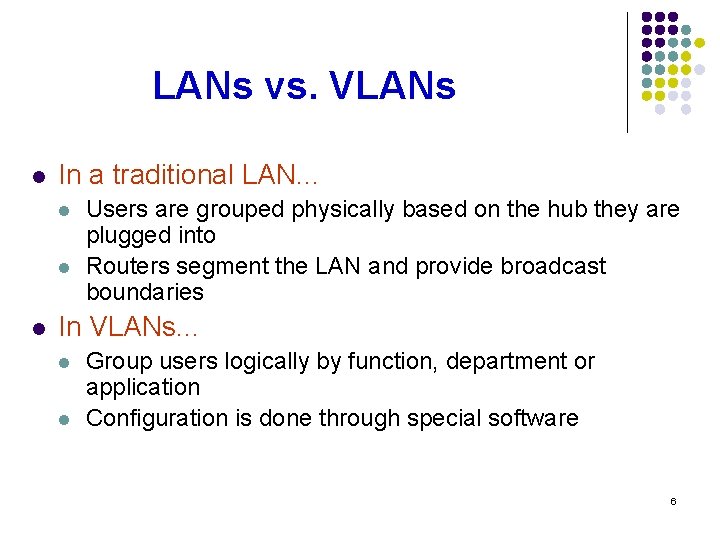 LANs vs. VLANs l In a traditional LAN. . . l l l Users