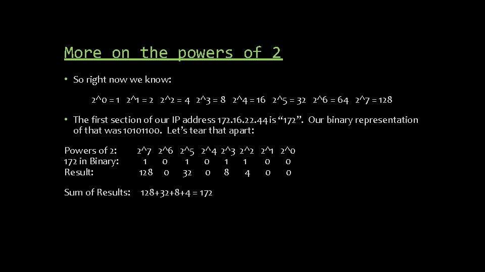 More on the powers of 2 • So right now we know: 2^0 =