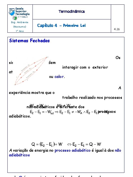 Termodinâmica Eng. Ambiente (Nocturno) Capítulo 4 - Primeira Lei 4. 16 1º Ano Sistemas