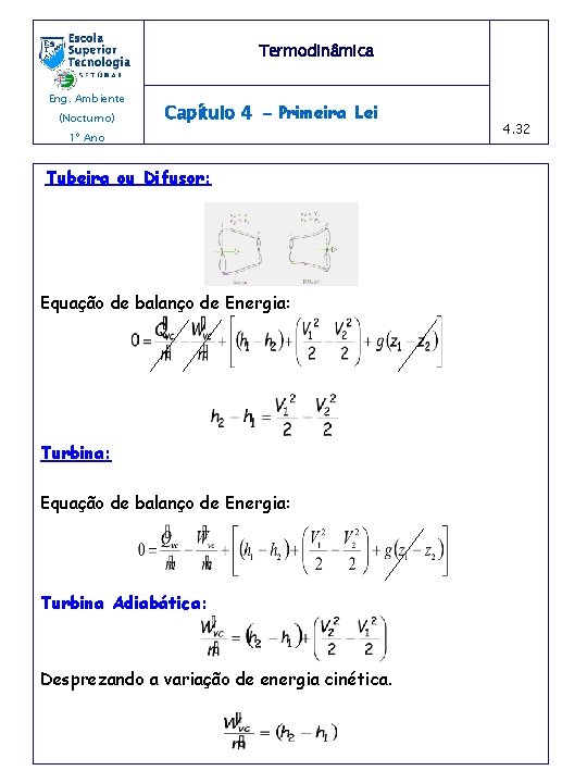 Termodinâmica Eng. Ambiente (Nocturno) Capítulo 4 - Primeira Lei 1º Ano Tubeira ou Difusor: