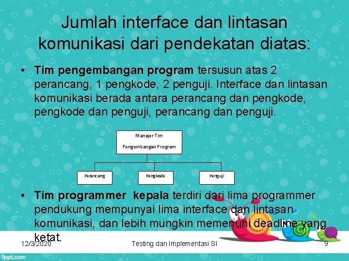 Jumlah interface dan lintasan komunikasi dari pendekatan diatas: • Tim pengembangan program tersusun atas