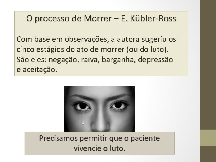 O processo de Morrer – E. Kübler-Ross Com base em observações, a autora sugeriu
