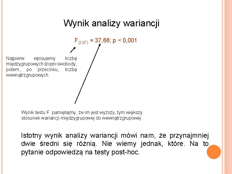 Wynik analizy wariancji F(2, 57) = 37, 66; p < 0, 001 Najpierw wpisujemy