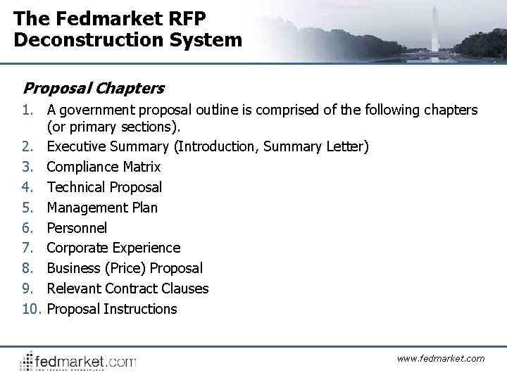 The Fedmarket RFP Deconstruction System Proposal Chapters 1. A government proposal outline is comprised