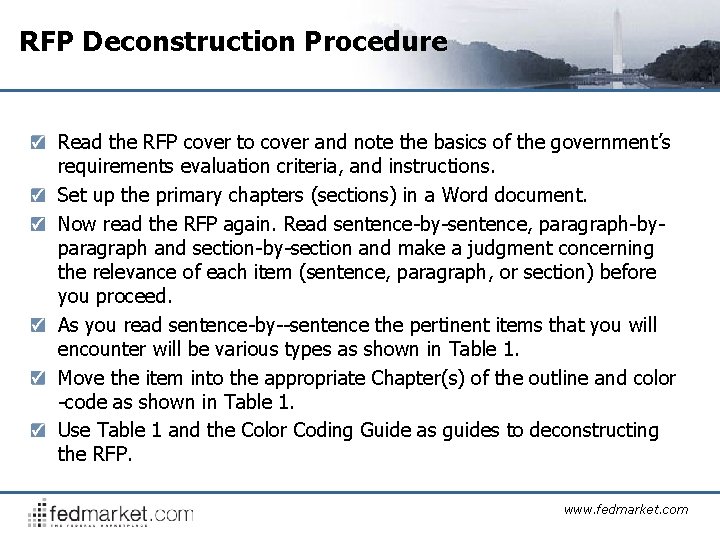 RFP Deconstruction Procedure Read the RFP cover to cover and note the basics of