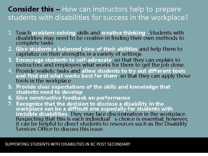 Consider this – How can instructors help to prepare students with disabilities for success