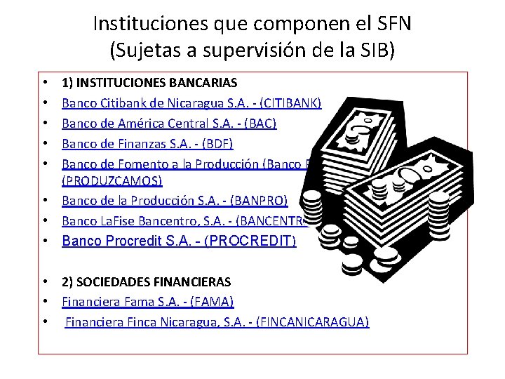 Instituciones que componen el SFN (Sujetas a supervisión de la SIB) 1) INSTITUCIONES BANCARIAS