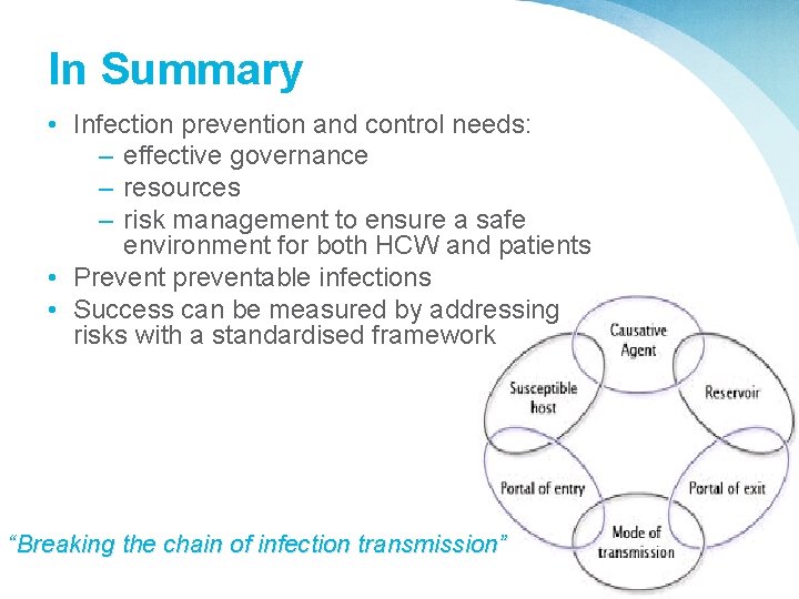 In Summary • Infection prevention and control needs: – effective governance – resources –