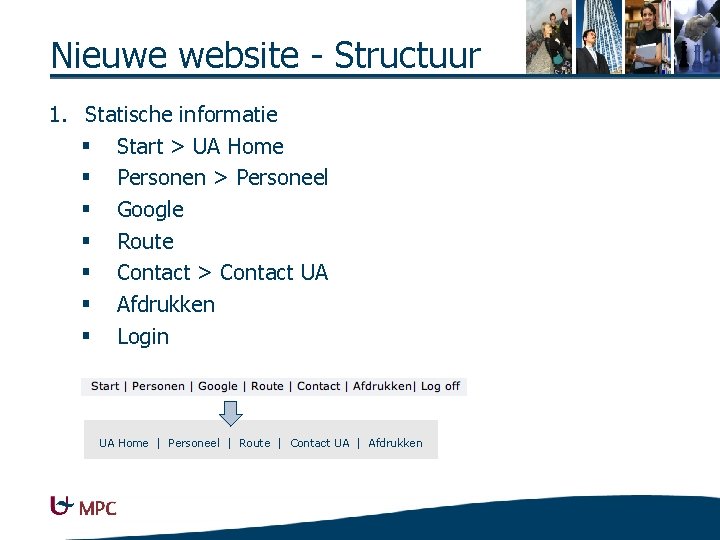 Nieuwe website - Structuur 1. Statische informatie § Start > UA Home § Personen