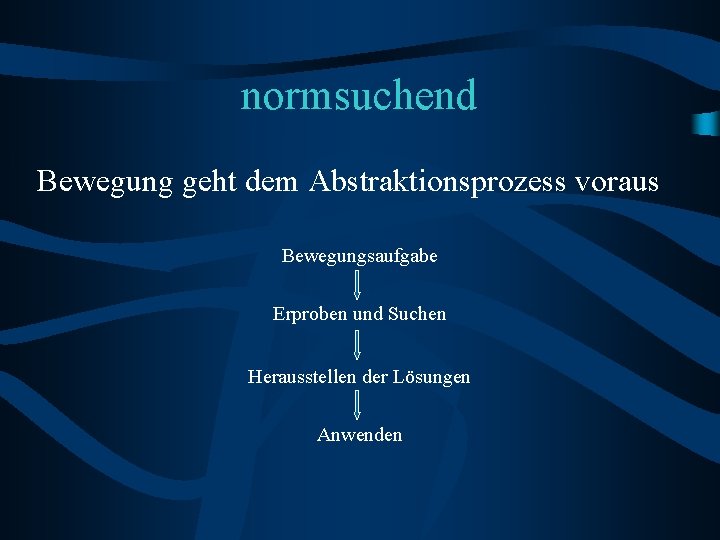 normsuchend Bewegung geht dem Abstraktionsprozess voraus Bewegungsaufgabe Erproben und Suchen Herausstellen der Lösungen Anwenden